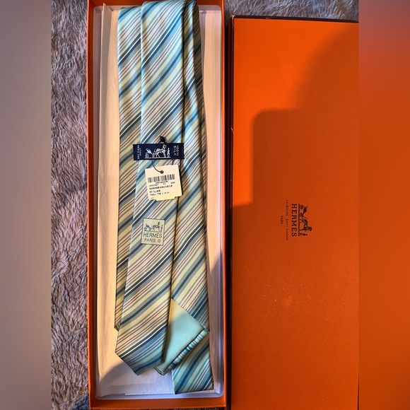 Hermes Accessories Hermes Tie Mens Light Green And Blue Ready For